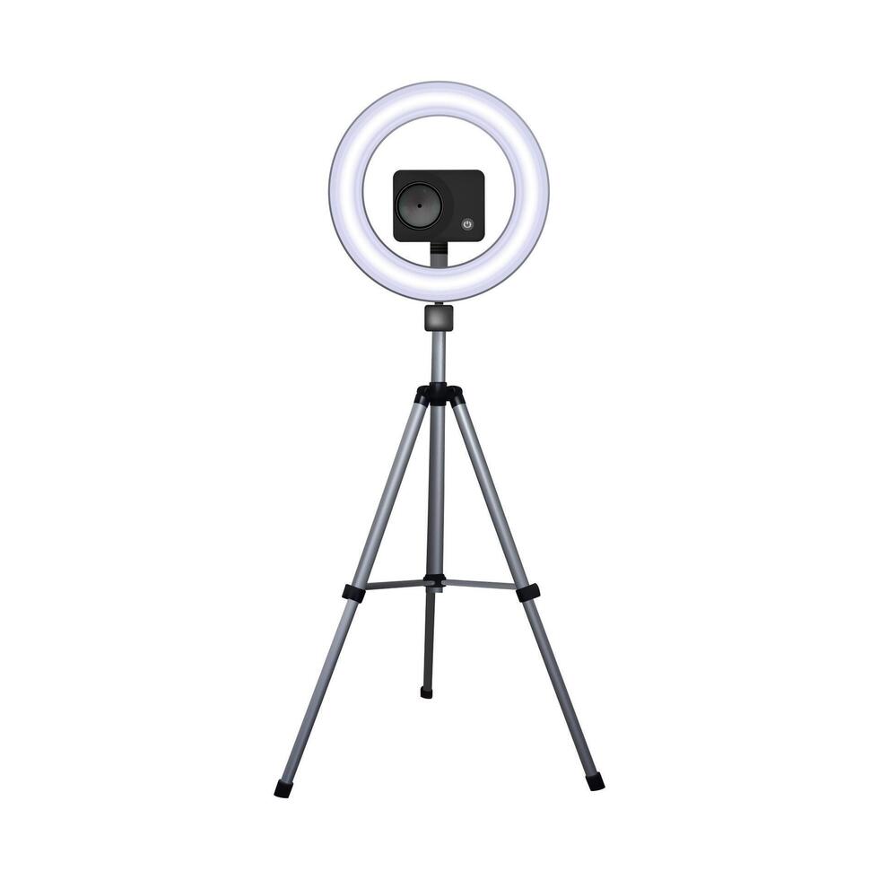 Action camera on a tripod. Circle speedlite. Equipment for 4k . vector