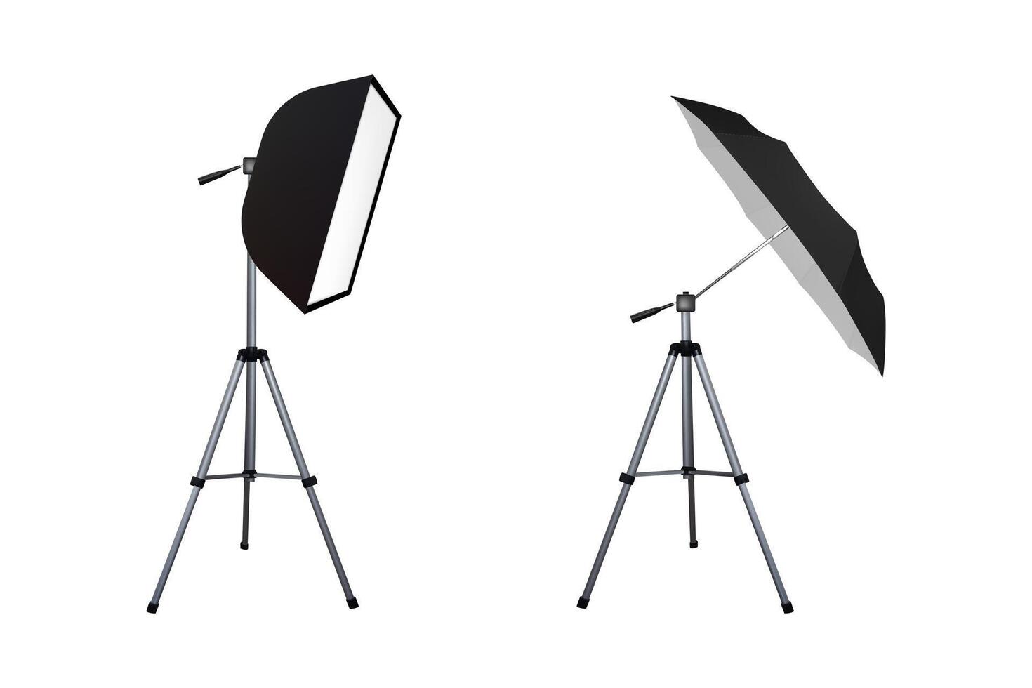 Soft box and black umbrella reflector. Photo equipment. Spotlight softbox. vector