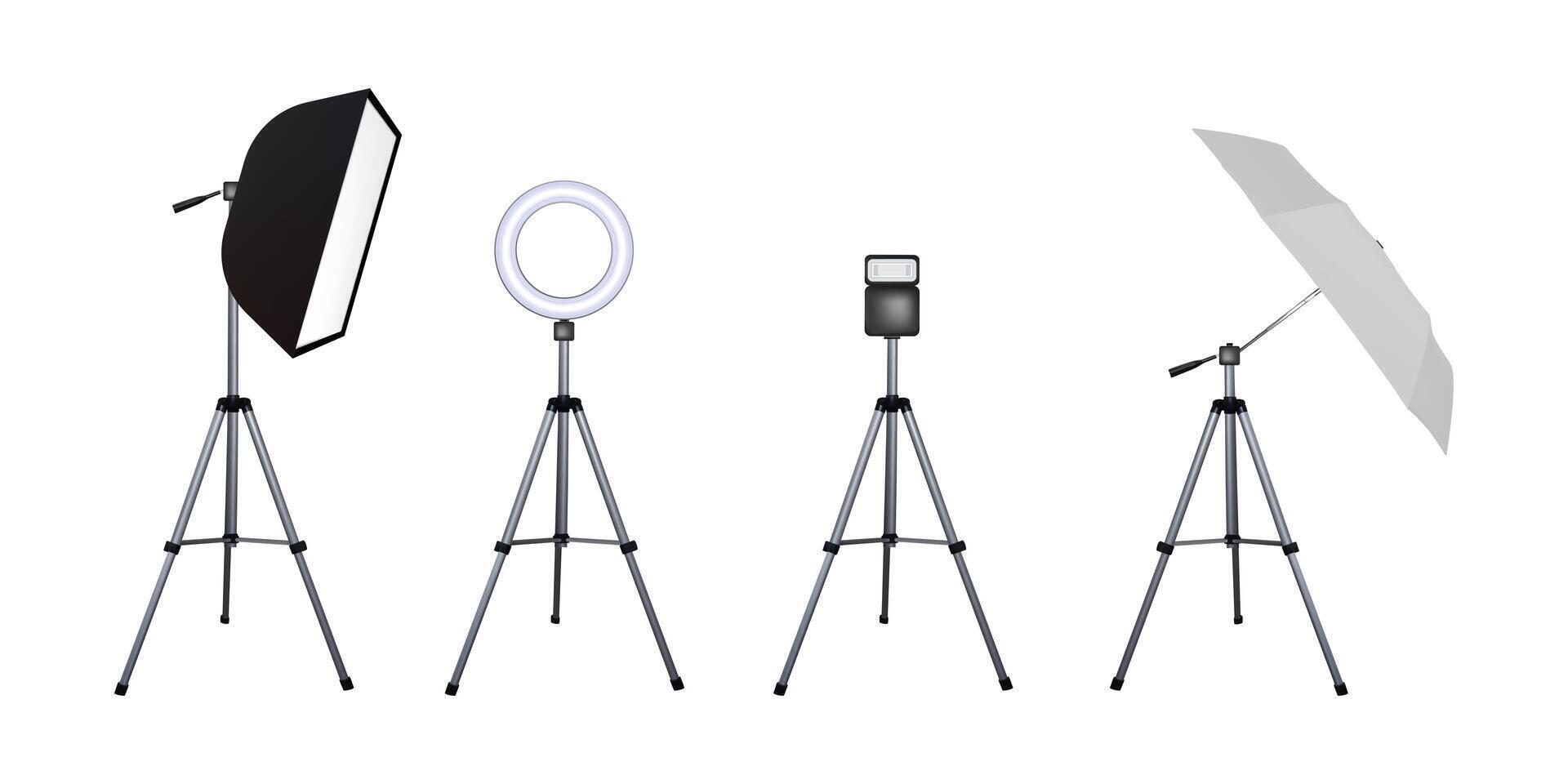 Soft box and umbrella reflectors, flash and circular speed light. Photo flash equipment. Spotlight softbox. vector