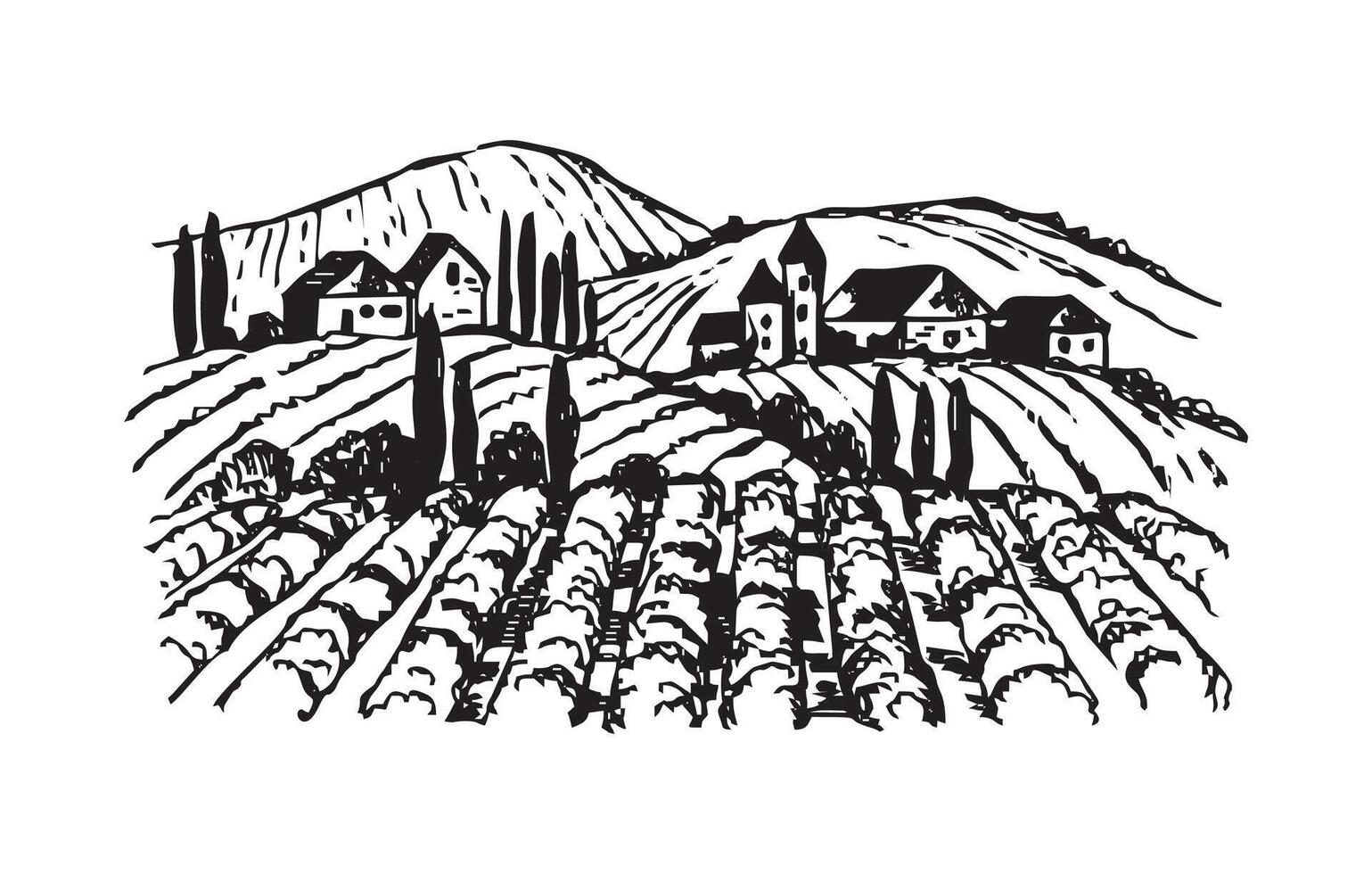 a black and white drawing of a village in the mountains vector