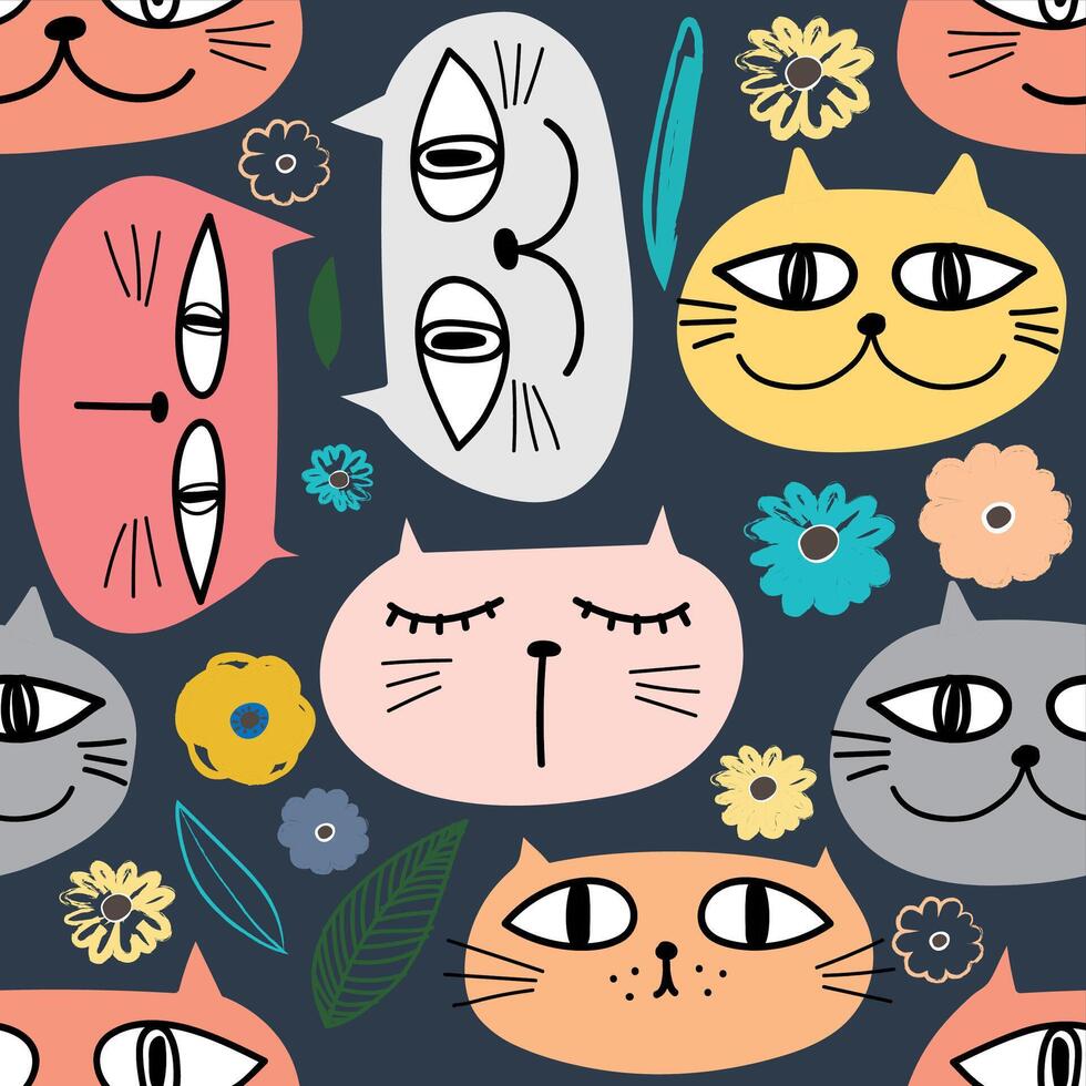 pattern with colorful cats doodle vector