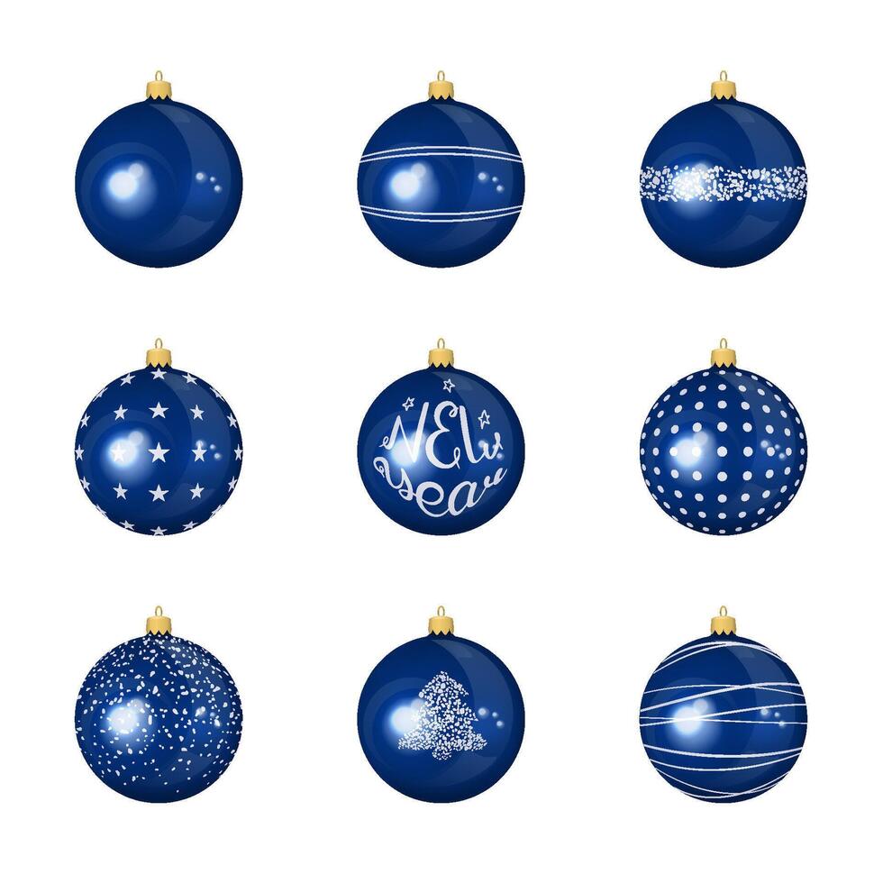 New year balls set. Realistic glossy blue christmas toys with different decoration. vector