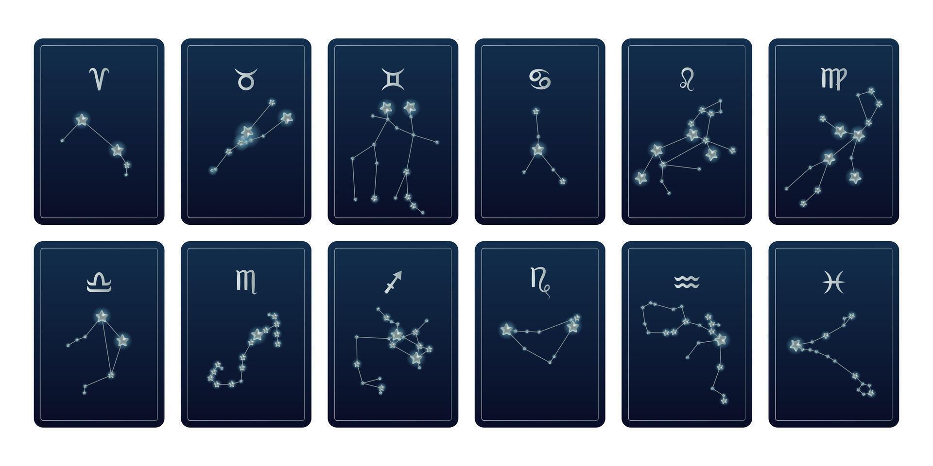 Set of zodiac constellations cards illustration design. Silver stars, horoscope collection and astrological signs. vector