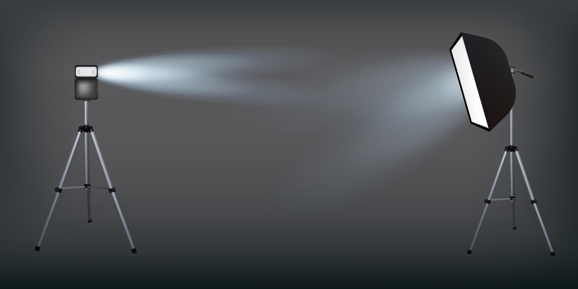 Soft box, flash and flash light. Dark background. Photo flash equipment. Spotlight softbox. vector