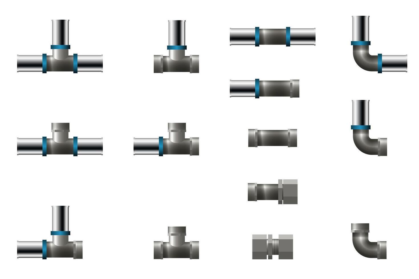 Fittings for polypropylene pipe. Set of tee, angle and connector. vector
