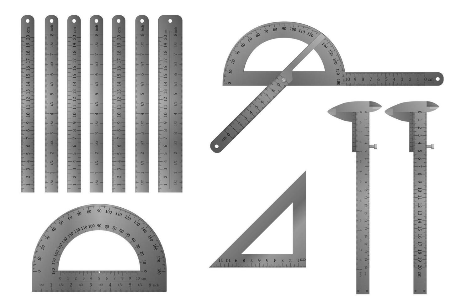 Metal protractor, ruler straight and angular, vernier caliper set. Metric tool collection. vector