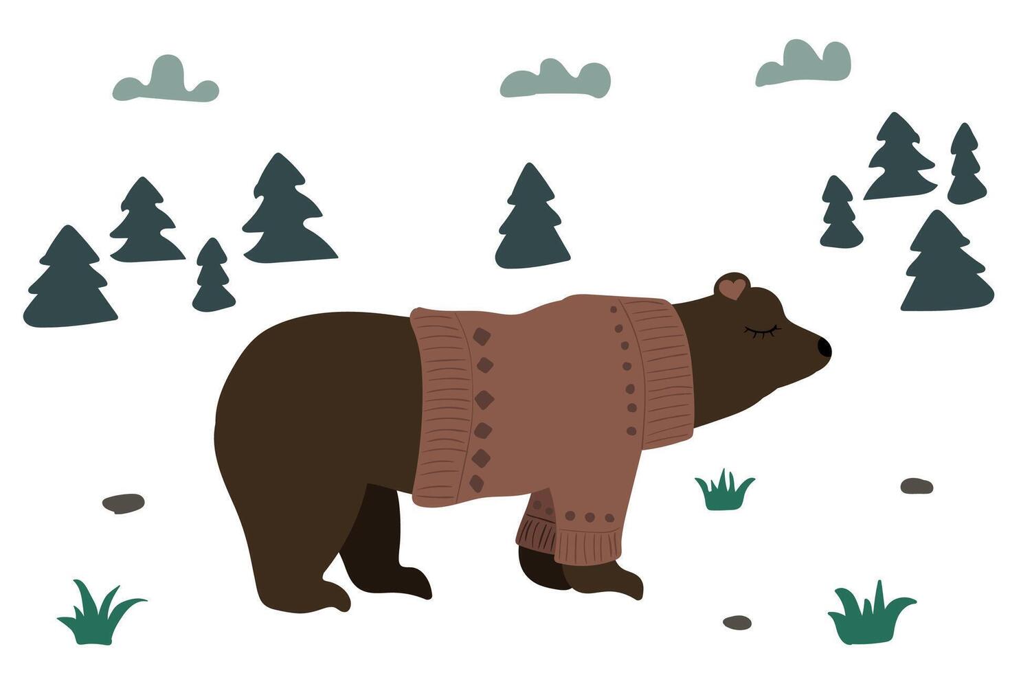 Cute brown bear in a forest. Red sweater. vector