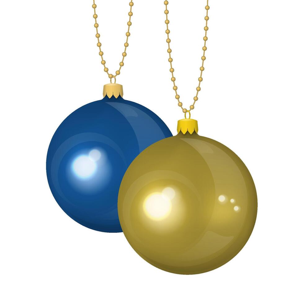 New year yellow and blue balls. Realistic glossy christmas toys. Realistic illustration. vector