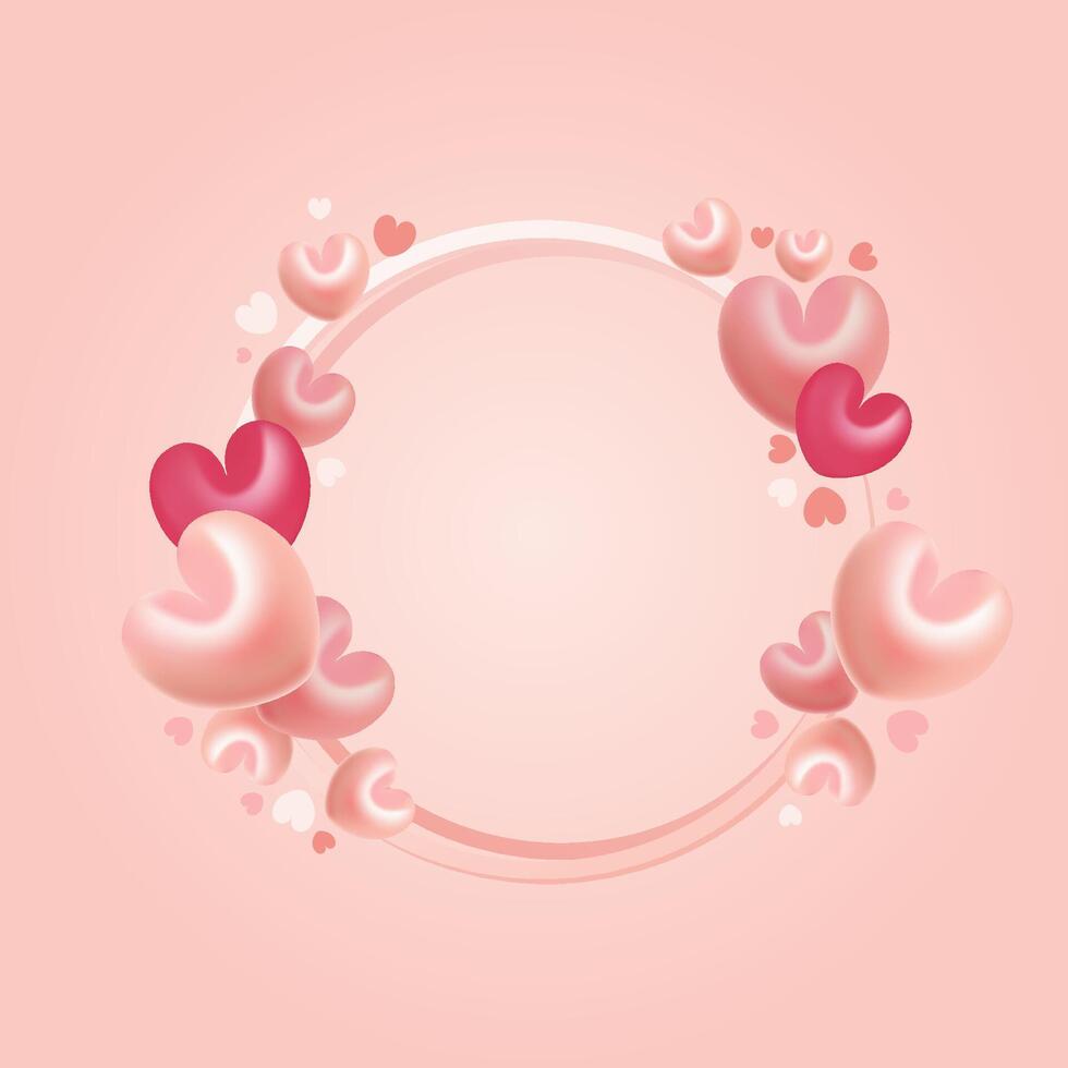 Valentine day flyer, brochure or banner design. Circle frame with 3D pink hearts. vector