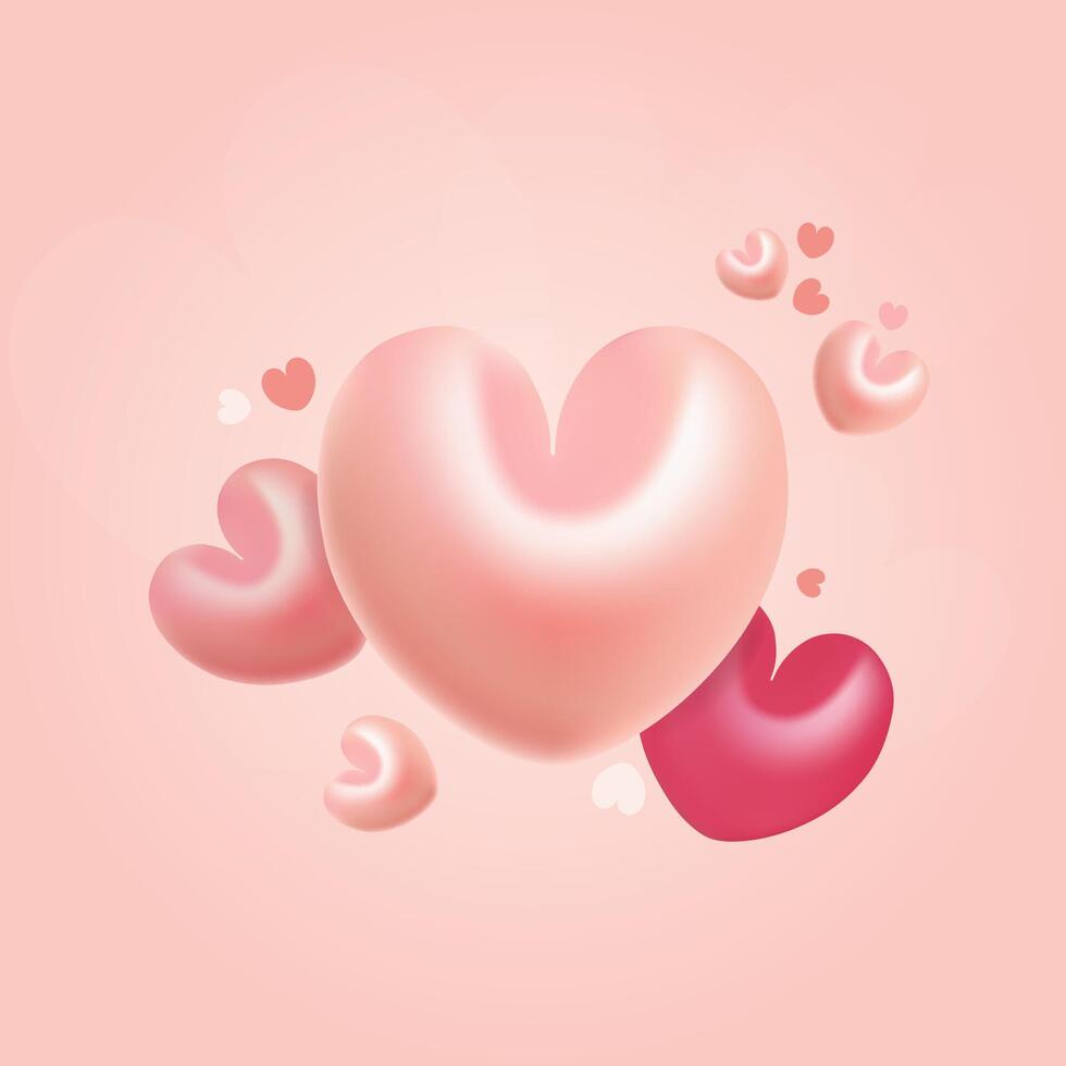 Valentines Day template with 3d hearts on pink background. Gift card for celebration party. vector