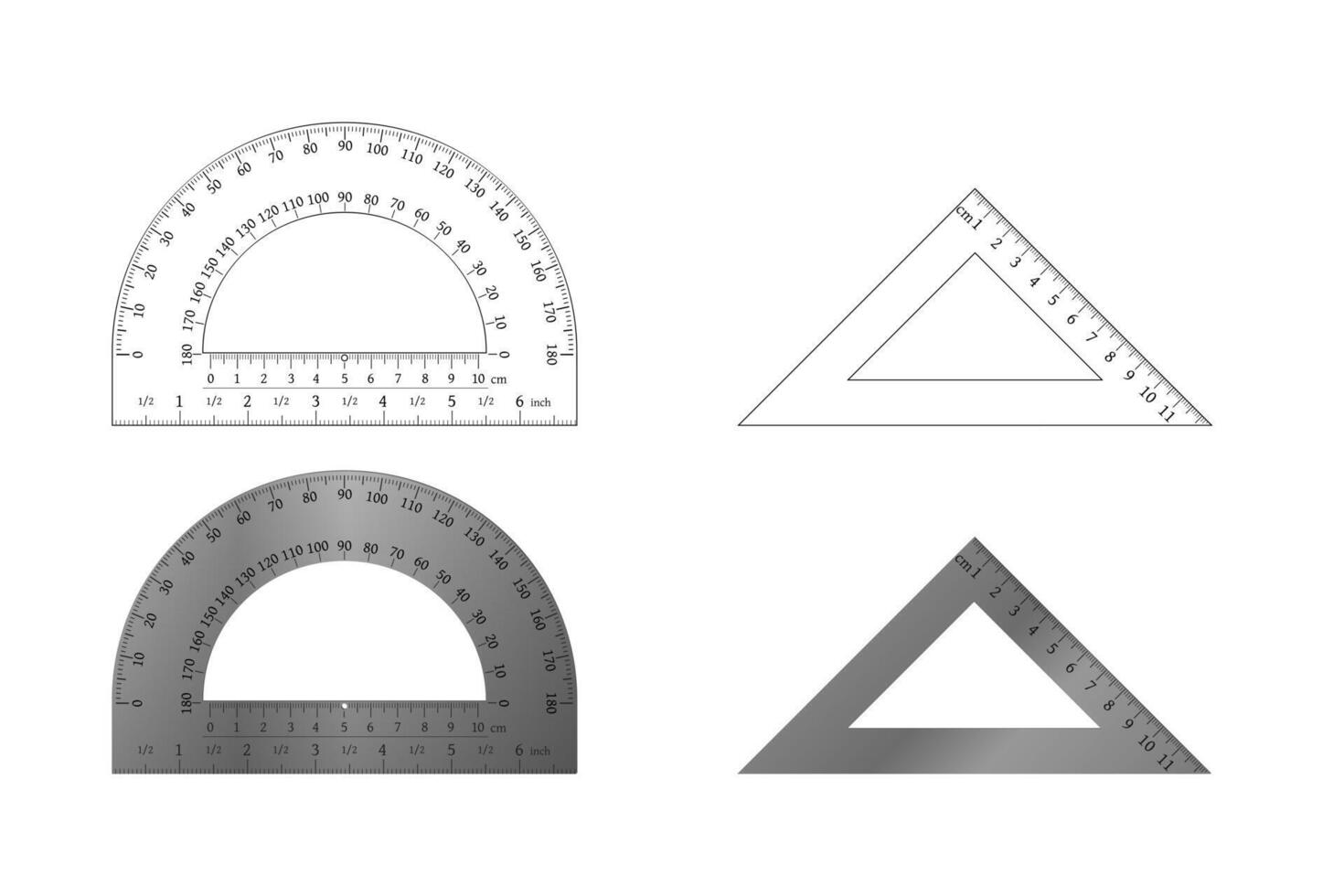 Metal and outline protractor and angular ruler set. Metric tool collection. vector