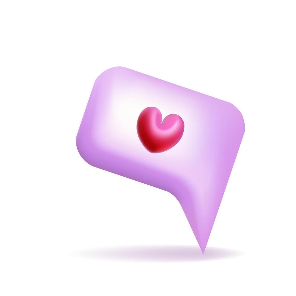 Purple 3d bubble speech with pink heart illustration design. Blank messenger without text, online chat, web banner, love message. vector
