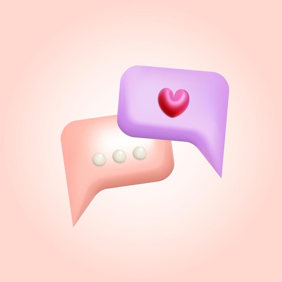 3d pink and violet bubble speeches with heart. Messenger dialogue illustration design. Chat conversation template. vector