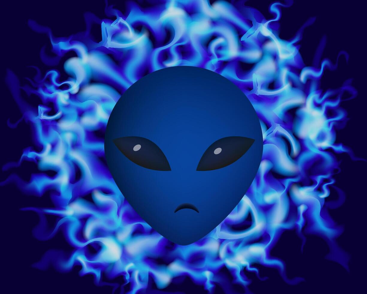 Alien blue face on background with fire. Futuristic character head. vector