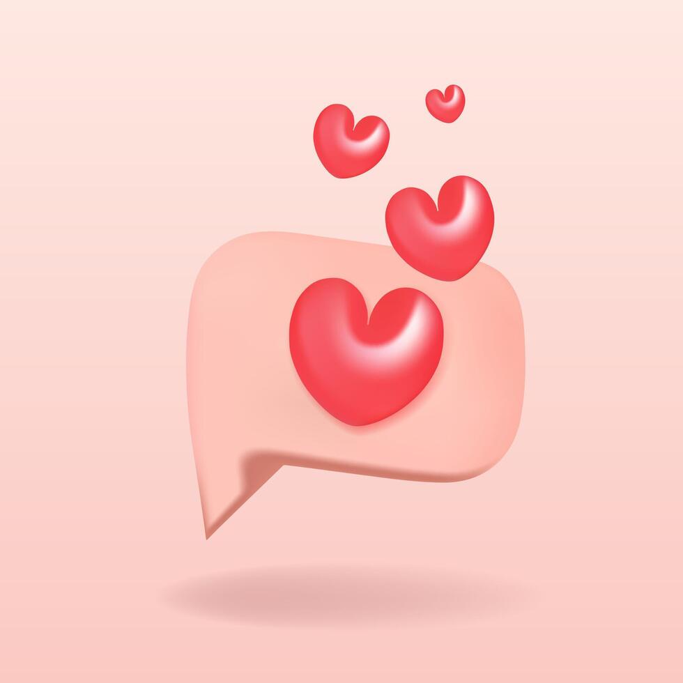 Pink 3d bubble speech with heart. Valentine Day illustration design. Blank messenger without text, online chat, web banner, love message. vector