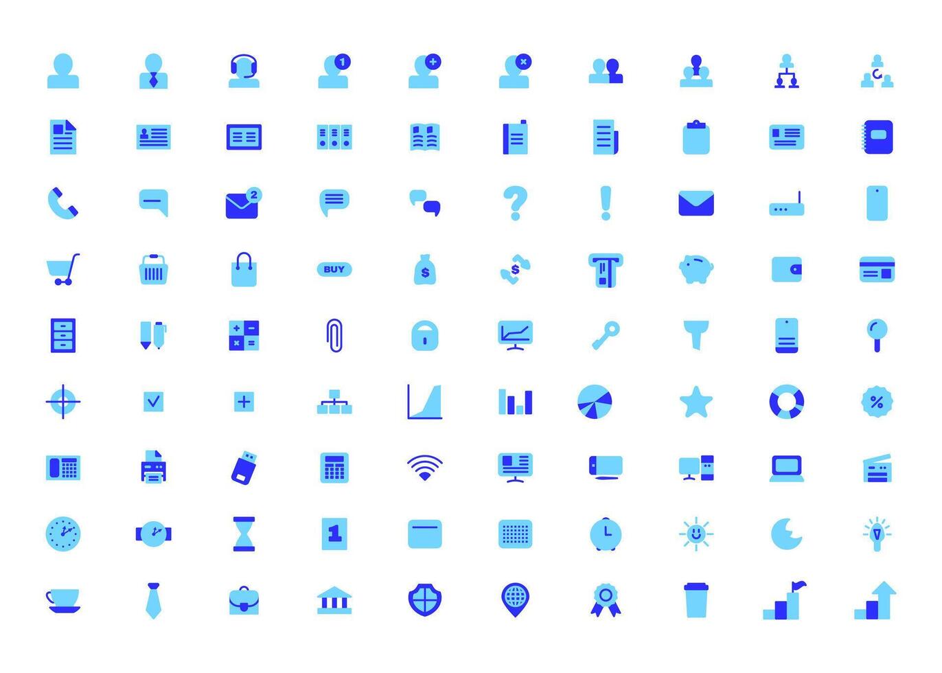 Business and Finance icons set. Flat blue signs on white background. Money and commerce design. vector