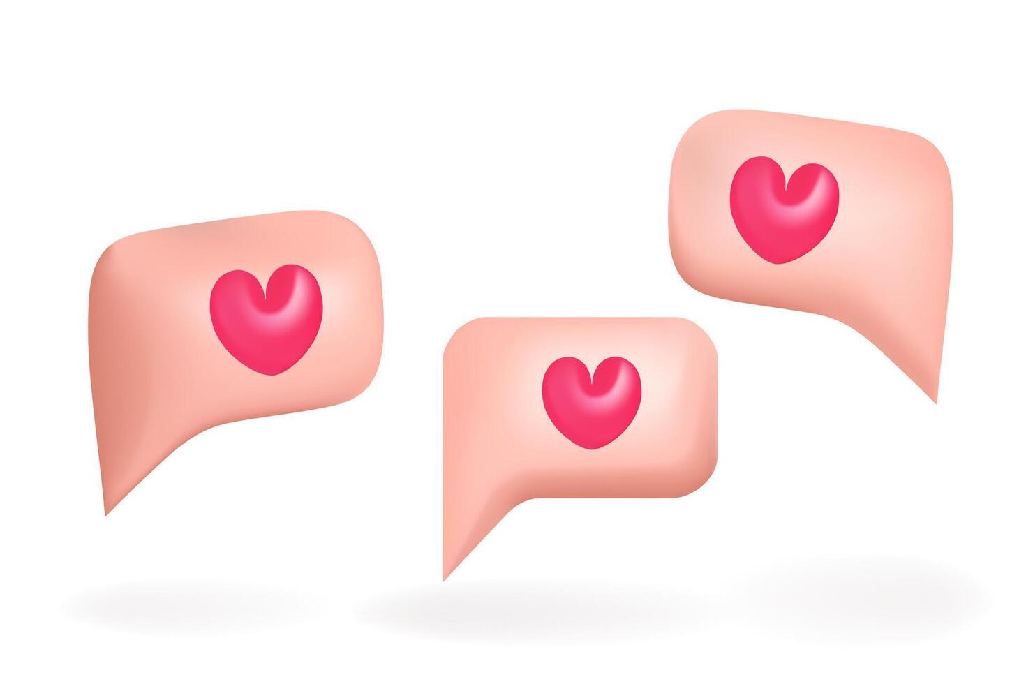 Pink 3d bubble speech set with heart illustration design. Blank messenger without text, online chat, web banner, love message. vector