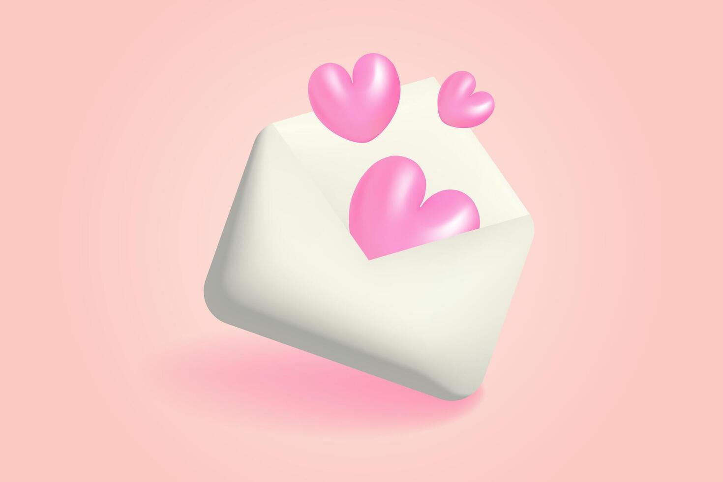 3d white mail envelope with pink hearts. Realistic design for Valentine and Mother Day, wedding postcard. vector