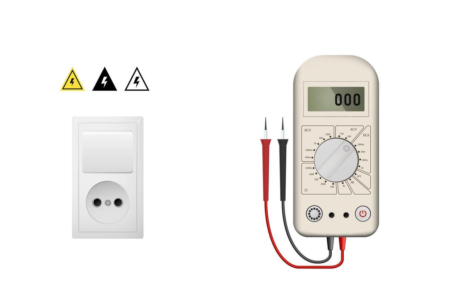 Realistic white multimeter for measuring current and voltage. Switch and electric icons. Electronic ammeter and voltmeter. vector