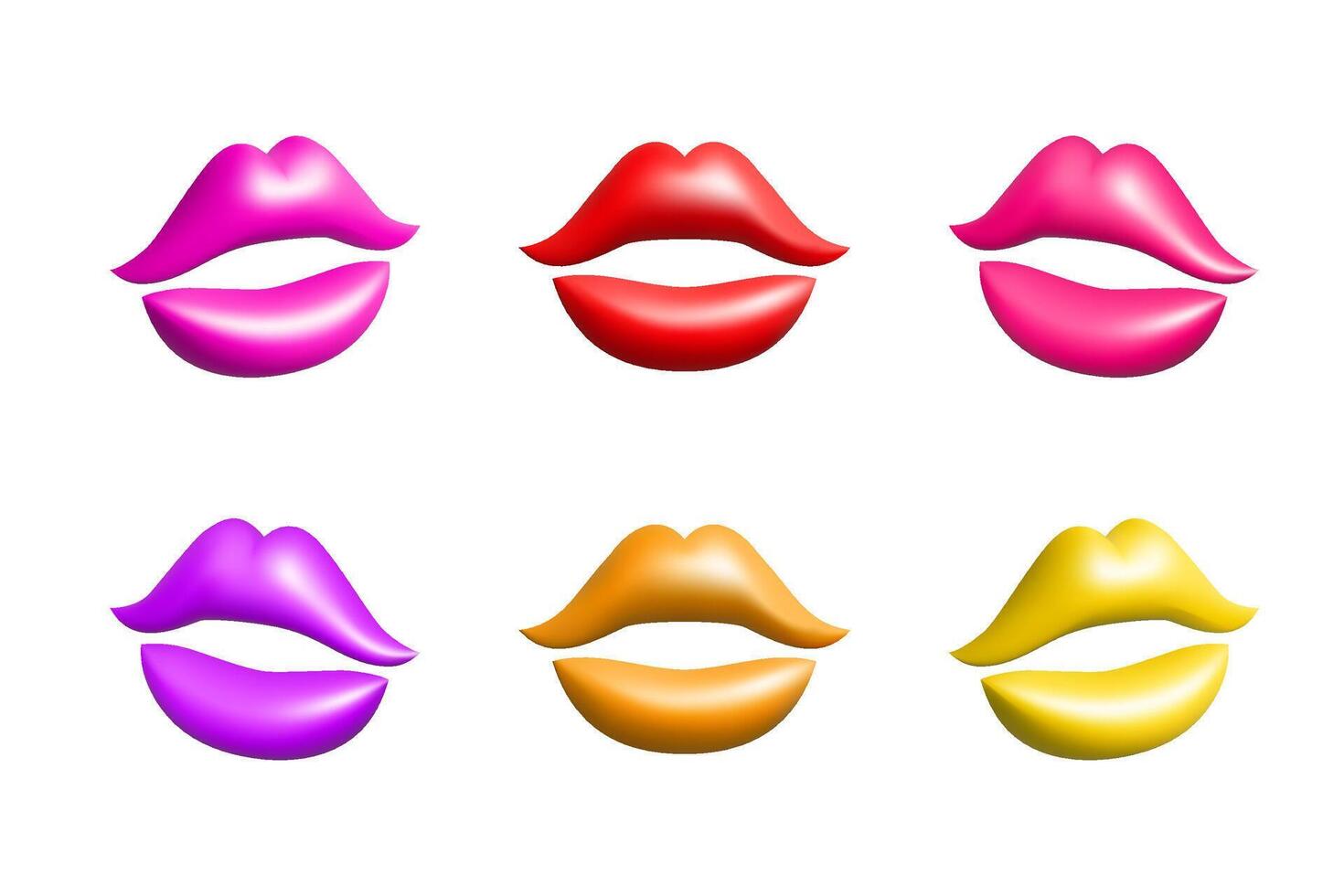 3d red, pink, purple and yellow abstract lips set illustration design. Sexy mouth, lipstick, makeup, make up. vector