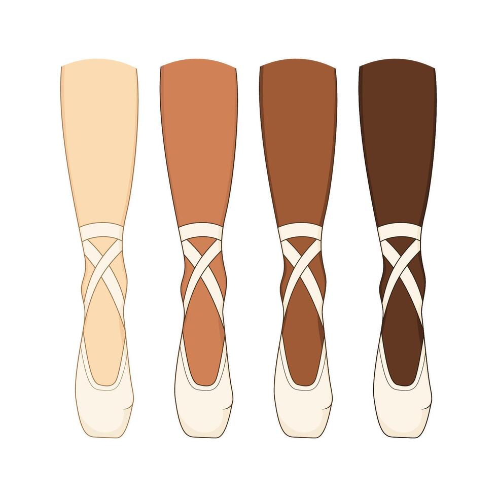 The legs of a ballerina in pointes. Illustration of the dancers shoes. Different skin color. vector
