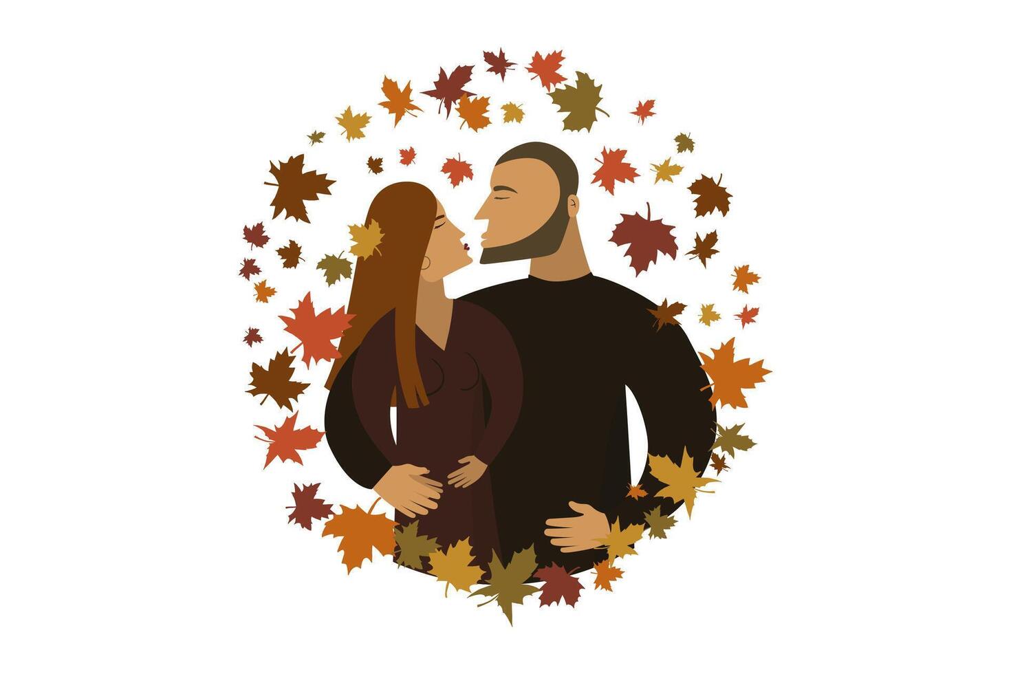 A man and a woman kiss on a date. Autumn, maple leaves fall. Flat icon vector