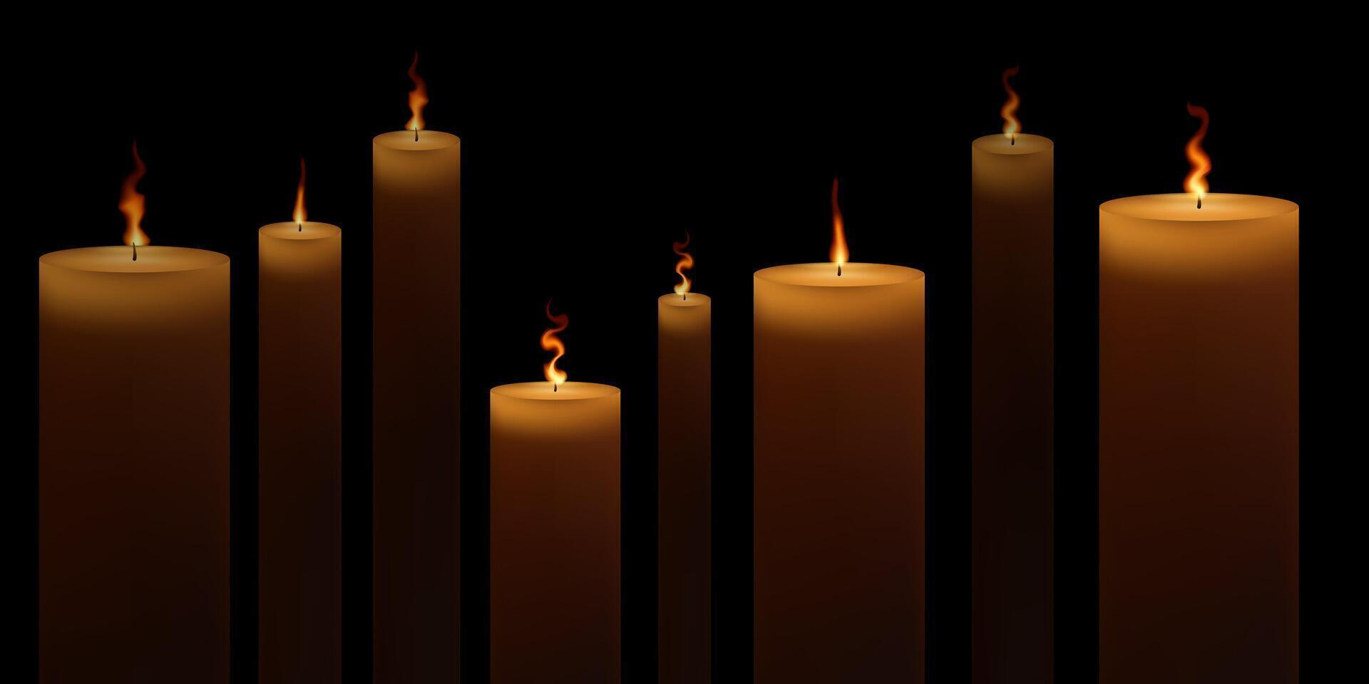 Church candles are on fire. Candlelight on black background. vector