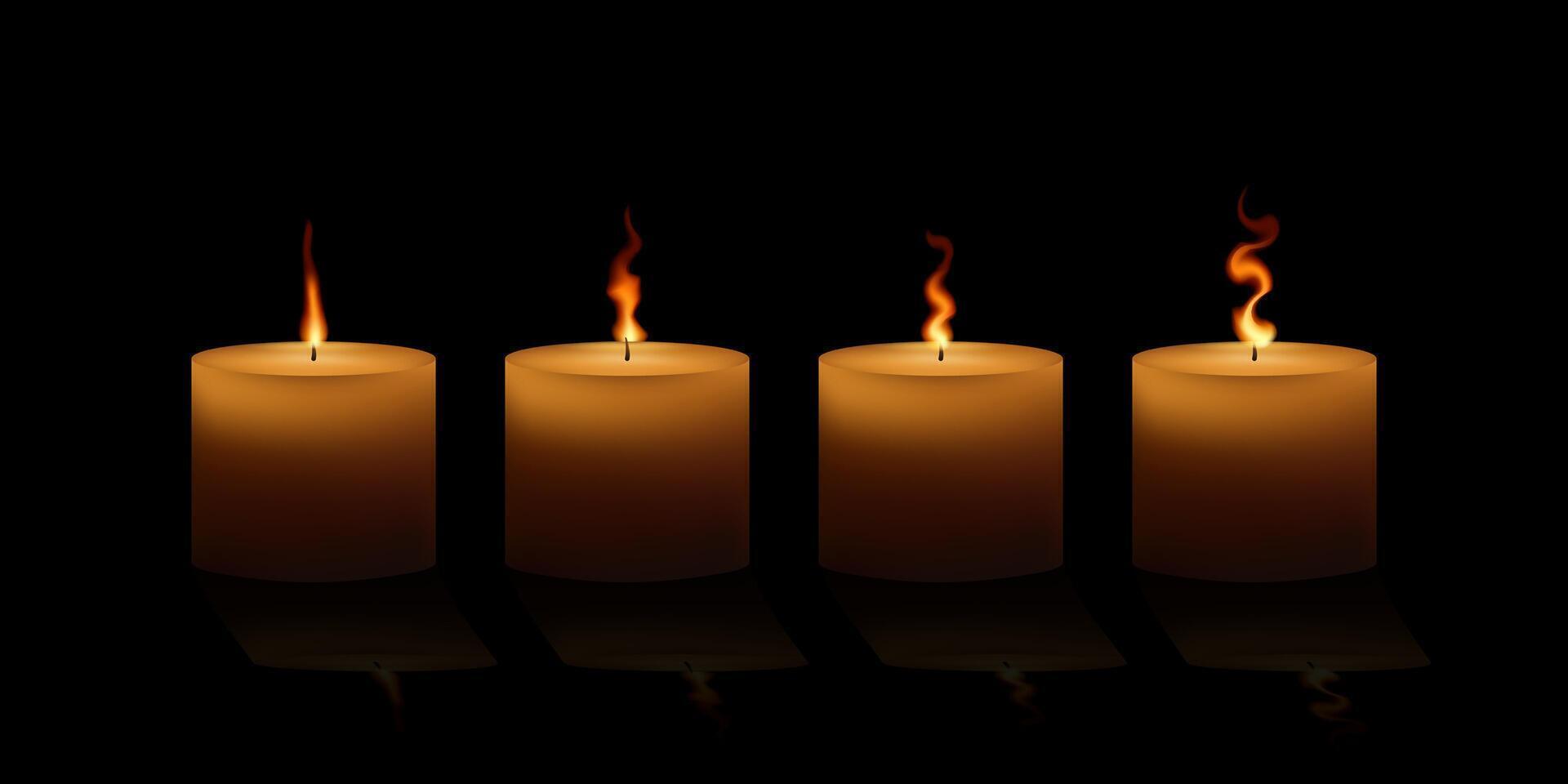 Realistic mystery candles. Candlelight on black background. vector
