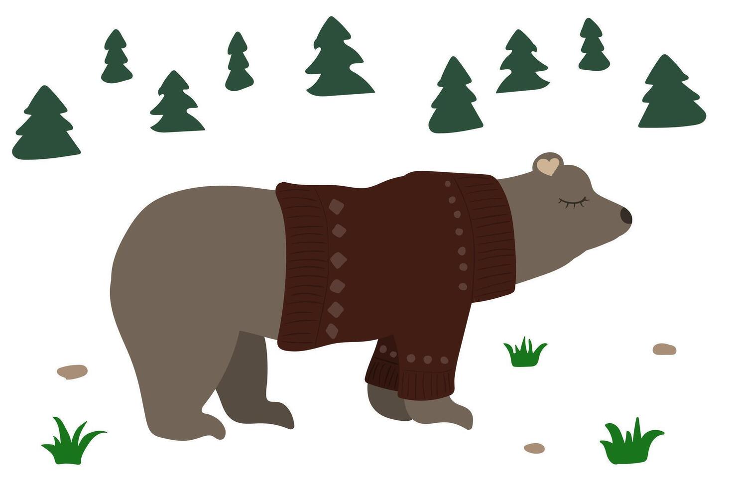 Cute brown bear in a forest. Red sweater. vector