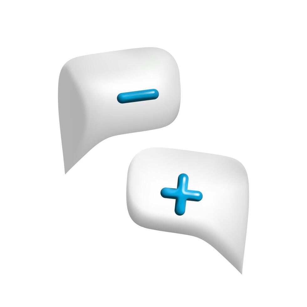 3d bubble speeches with plus and minus. Messenger dialogue. Chat conversation template. vector