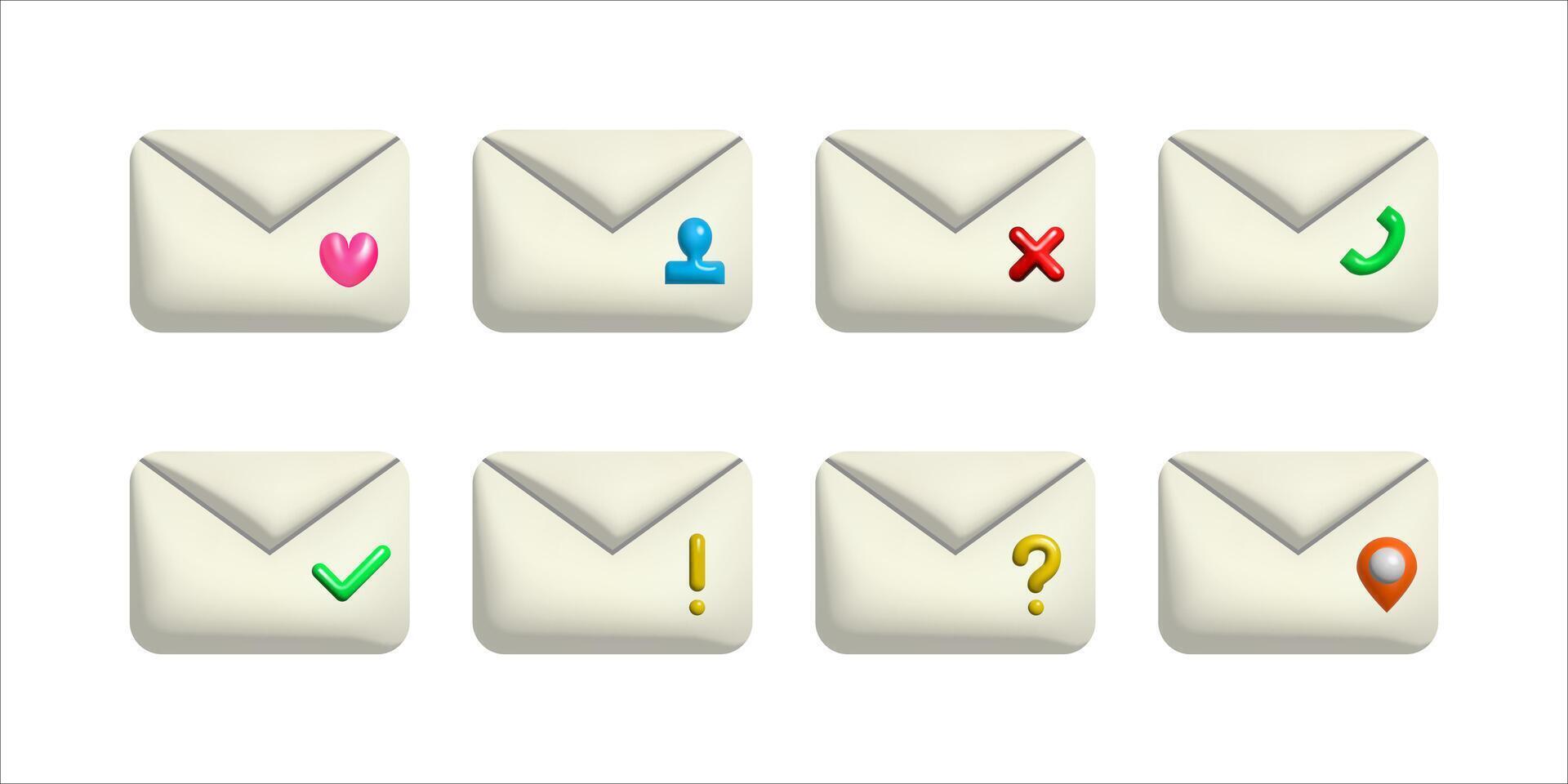 Closed 3d letter envelopes set with icons. Template of message notification. vector