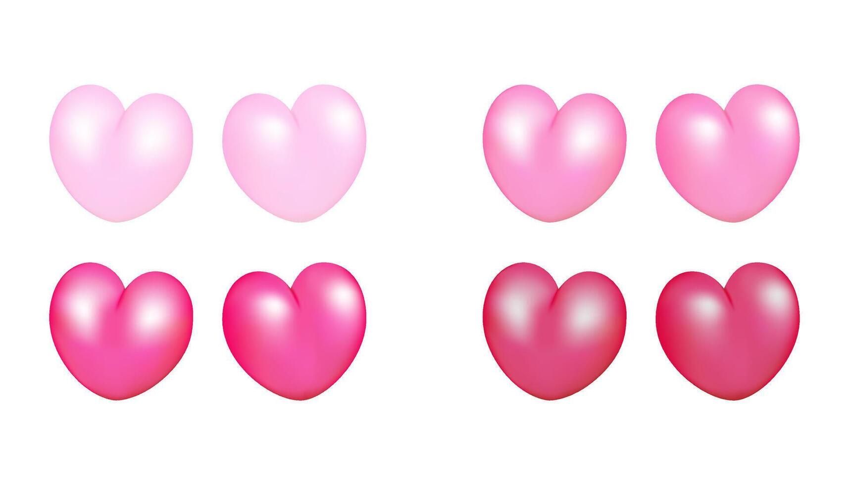 3D hearts set illustration design. Different shades of pink collection on Valentine Day, romantic or love icon. vector