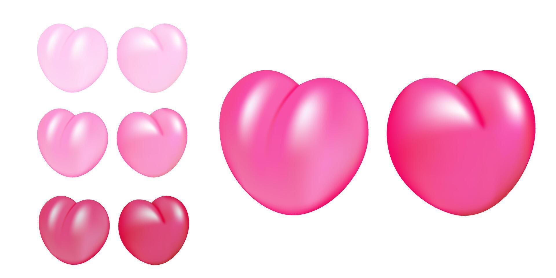 3D hearts set illustration design. Shades of pink collection on Valentine Day, romantic icons. vector