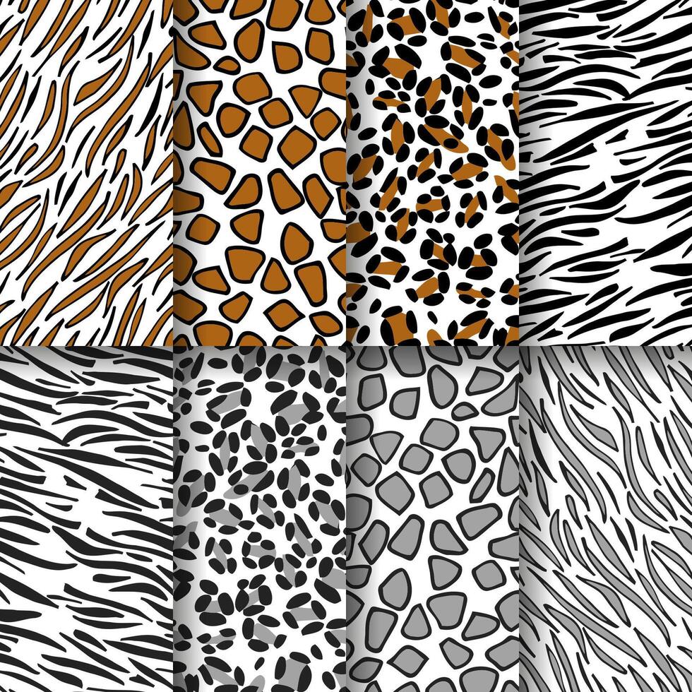 Tiger, zebra, giraffe and leopard print skin. Wildlife seamless pattern background set. Africa style wallpaper. vector