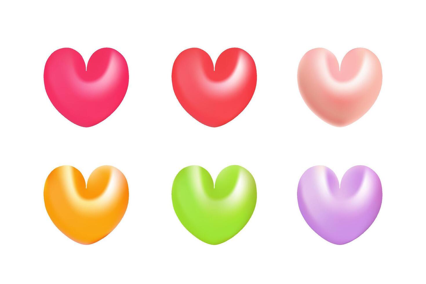 3D hearts set. Red, pink, yellow, green, violet collection on Valentine Day, romantic or love icon. vector