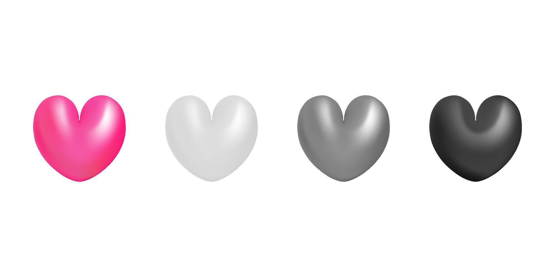 3D hearts set. Pink, white, gray and black collection on Valentine Day, romantic or love icon. vector