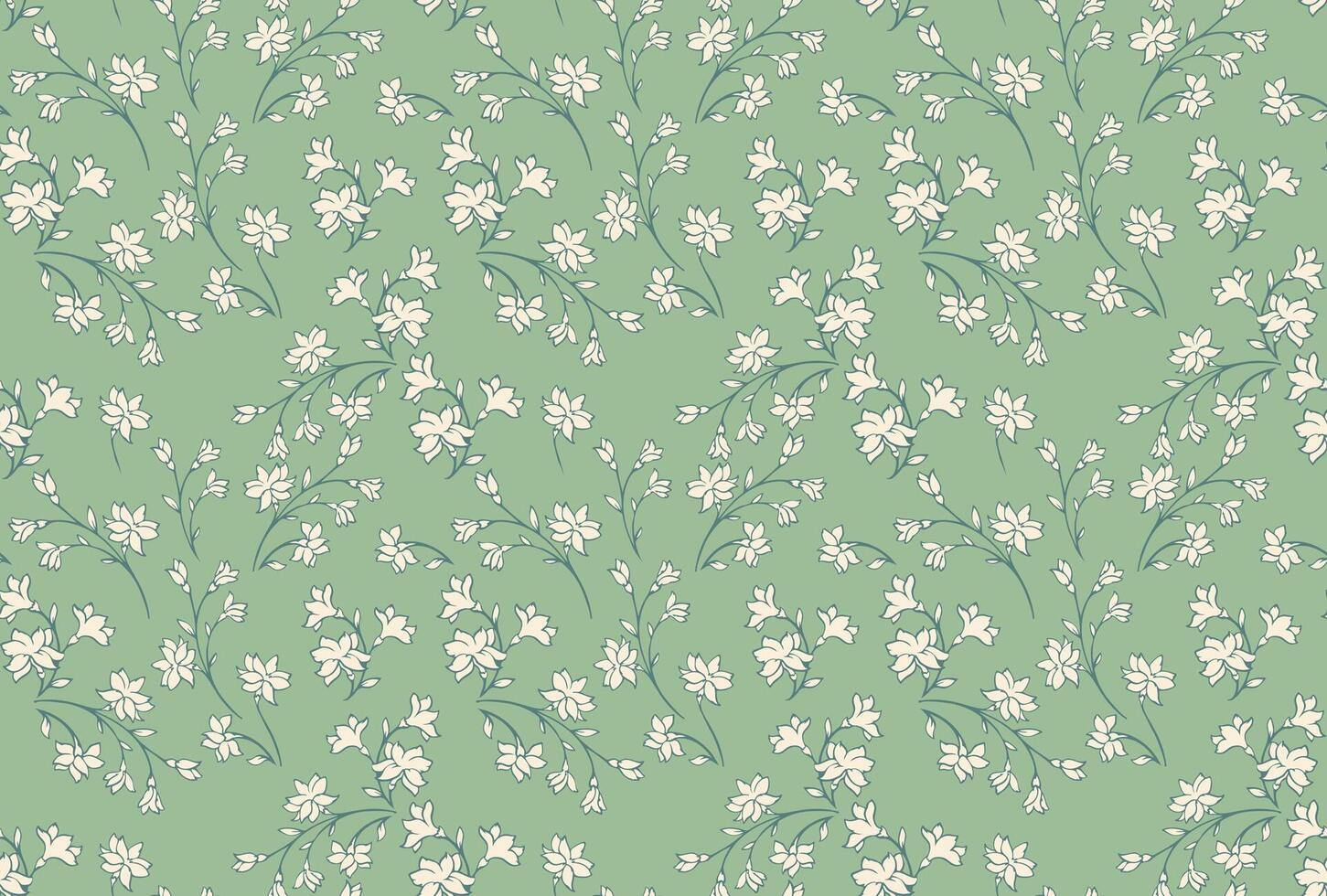 Pastel pattern with wild florals stems on a green mint background. Abstract artistic branches with tiny flowers, small buds seamless print. hand drawing sketch. Simple ornament print vector