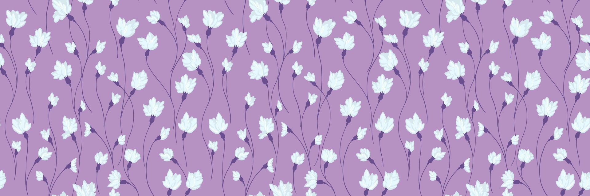 Creative florals stems seamless print on a violet background. Abstract artistic branches with tiny flowers buds intertwined in a pattern. hand drawing. Simple ornament for designs, textiles vector