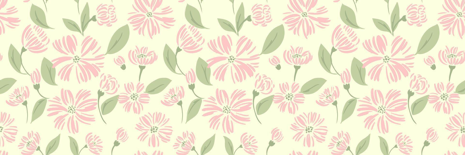 Seamless floral pattern featuring hand-drawn pink flowers with leaves on a light cream background. Plain print design for textiles, wallpapers, and packaging with delicate, spring-inspired aesthetic vector