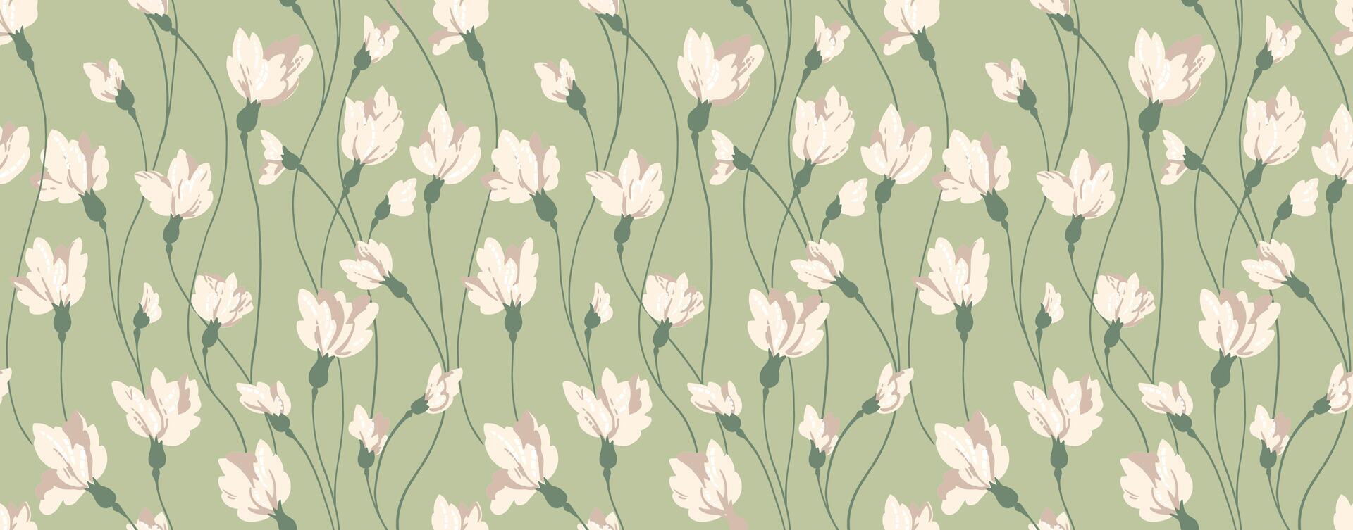 Pastel mint green pattern with creative florals stems. Abstract artistic branches with tiny flowers buds intertwined in a seamless print. hand drawing. Simple ornament for designs, textiles vector