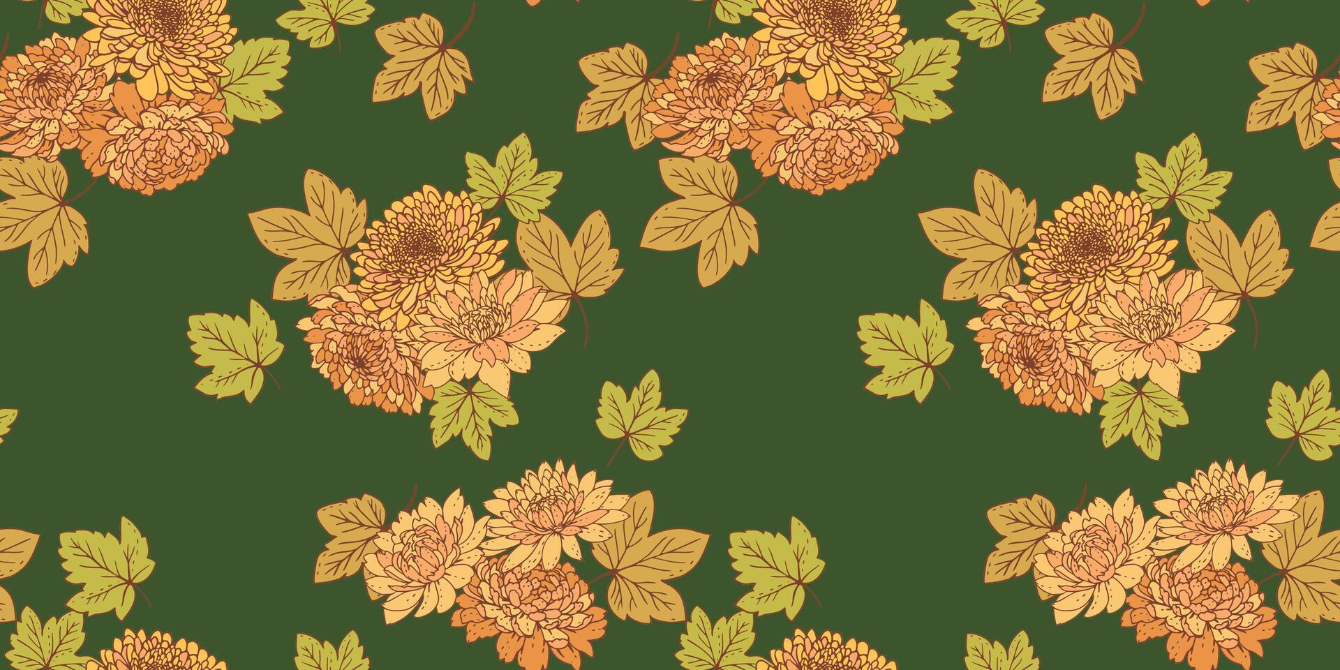 Seamless abstract artistic flowers pattern on green background. drawn illustration fall florals. Stylized bouquet dahlia peonies chrysanthemum printing. Nature ornament for designs, fabric vector