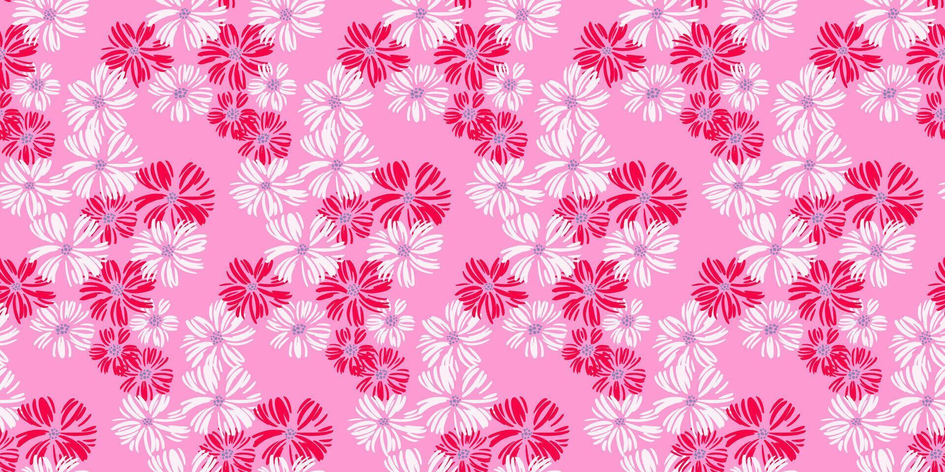 Plain seamless abstract floral pattern on pink background. hand drawn organic shapes flowers repeated print. Blooming meadow ornament vector