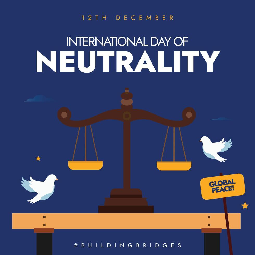 International Neutrality day. Day of Neutrality celebration banner, post with justice scales, doves. The day promotes the concept of neutrality in every aspect of law and life vector