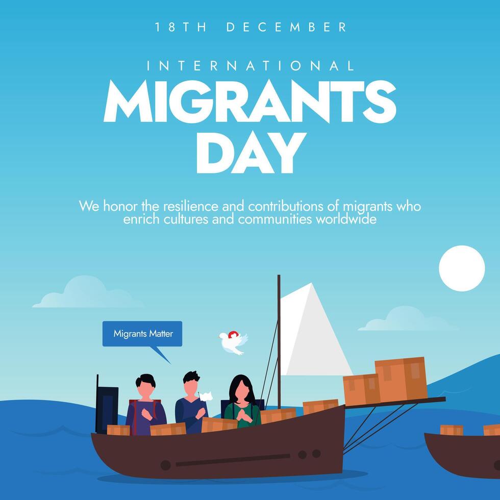 International Migrants day, 18th December banner, post. Migrants day conceptual banner with migrant families sitting on boat crossing sea. The day raise awareness of the challenges faced by migrants. vector
