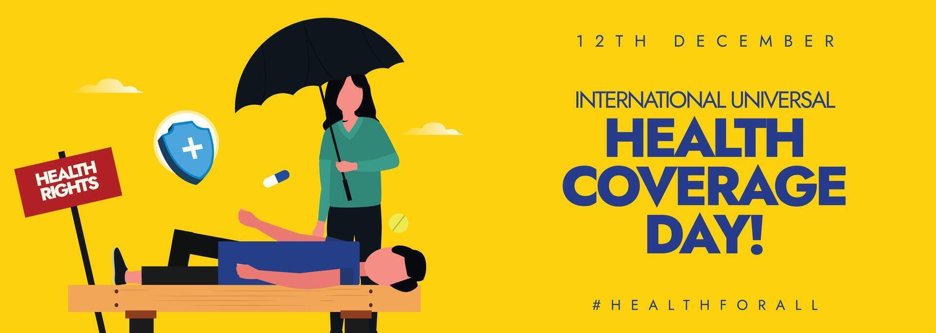 12th December Health Coverage day celebration banner with a man laying on bench, a girl holding umbrella standing near him vector
