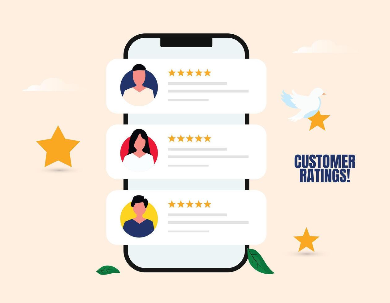 Customer Feedback rating. 5 star ratings. Rate us. Customer ratings banner with a smartphone screen, customer ratings with five stars. vector