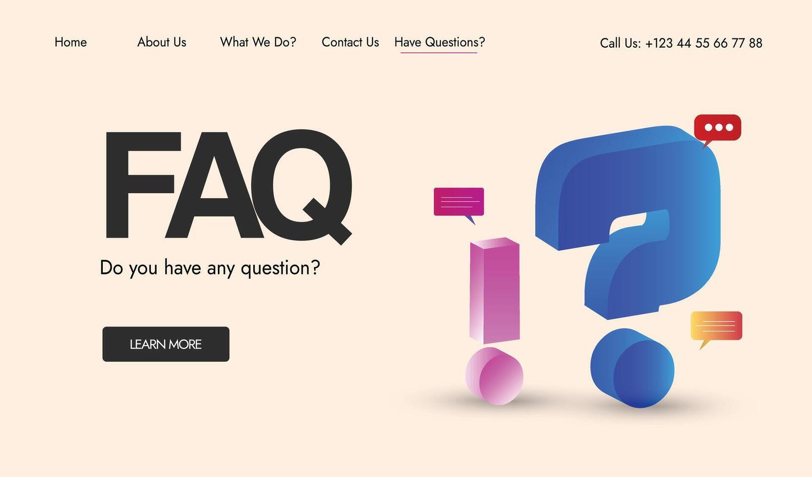 FAQ web page template. Answers to FAQ section web page design with a 3D question mark symbol, exclamation mark. vector