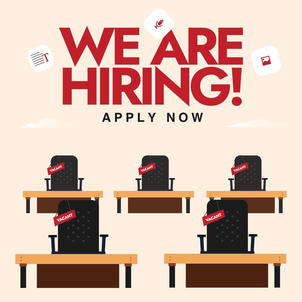 We are hiring. We are hiring announcement banner with multiple empty office chairs having vacant sign on it, ready to be equipped. Job recruitment conceptual banner and post. Apply now. vector