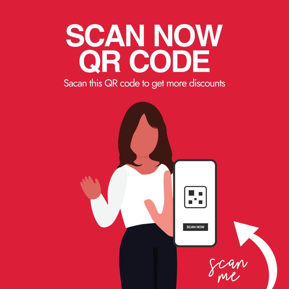 Scan QR code. QR code scanning banner template to get discount with a girl character and smartphone screen with Quick response code vector