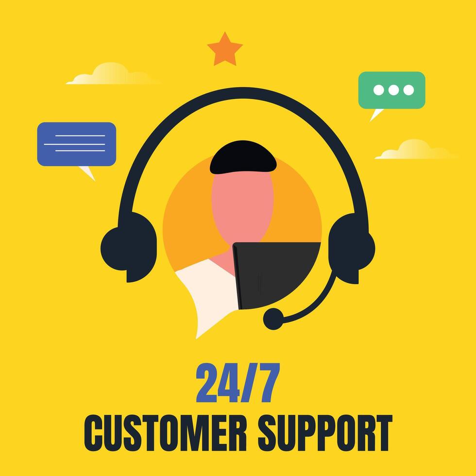 Customer support. Customer support available for 24 hours and seven days a week banner with a person, headphones. Our services available for twenty four hours and seven days a week banner, post vector